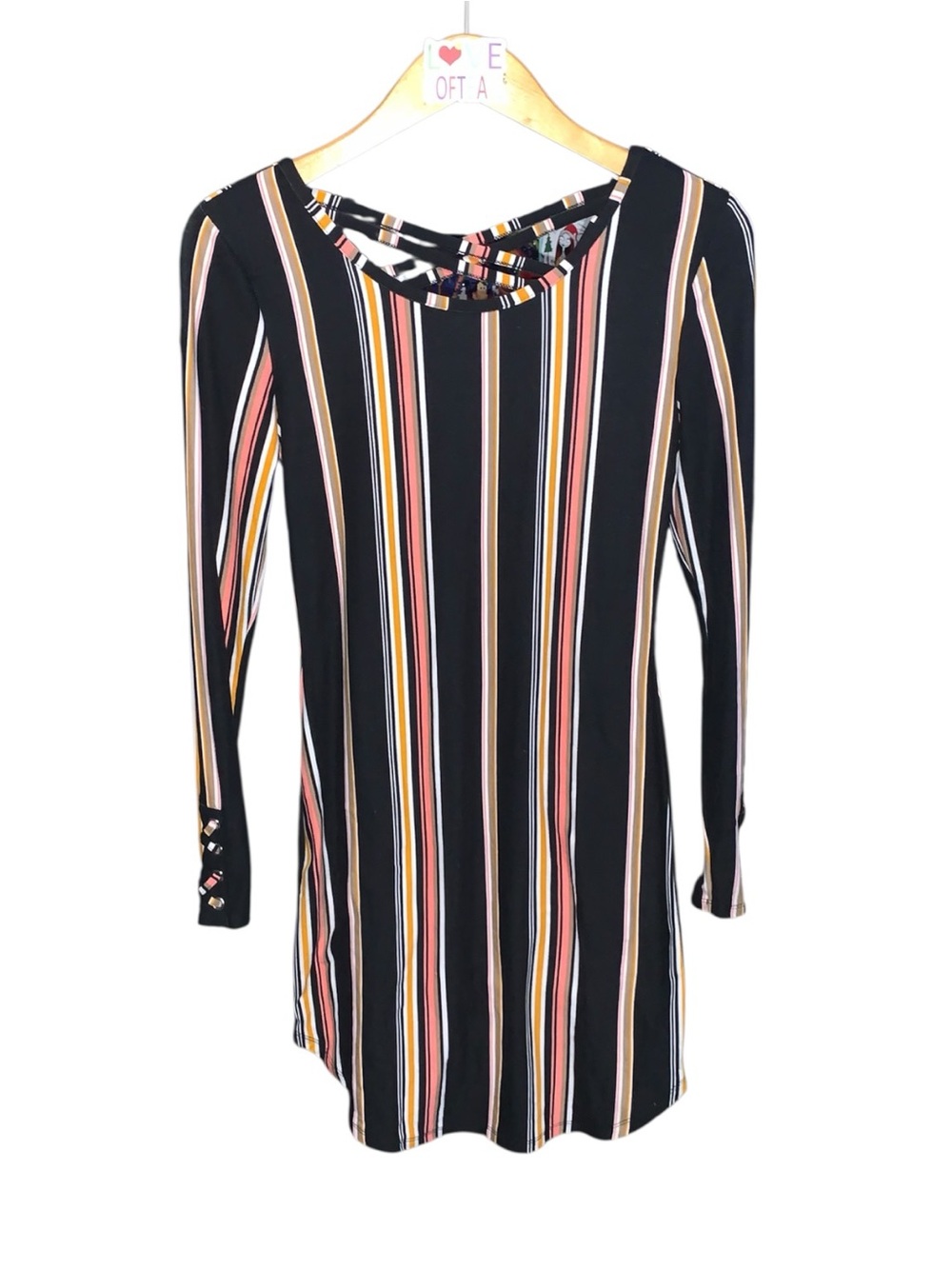No Boundaries Black Striped Long-Sleeve Shift Dress Mini Stretch Lace Up Sleeves